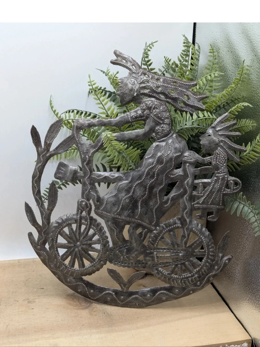 Haitian Recycled Steel Mom And Daughter On A Bike + Girl Shopping On A Bike